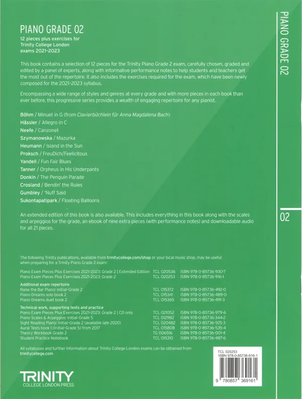 Back Cover of Trinity "Piano Exam Pieces Grade 2" book from 2021, designed for those preparing for piano exams.