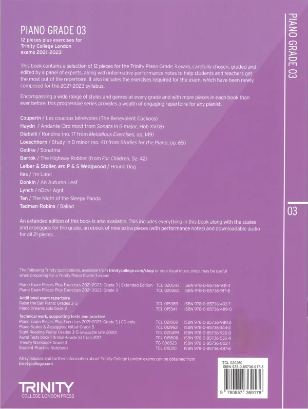 Back Cover of Trinity "Piano Exam Pieces Grade 3" book from 2021, designed for those preparing for piano exams.