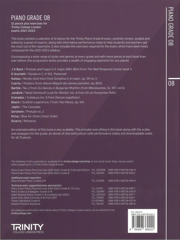 Back Cover Trinity "Piano Exam Pieces Grade 8" book from 2021, designed for those preparing for piano exams.