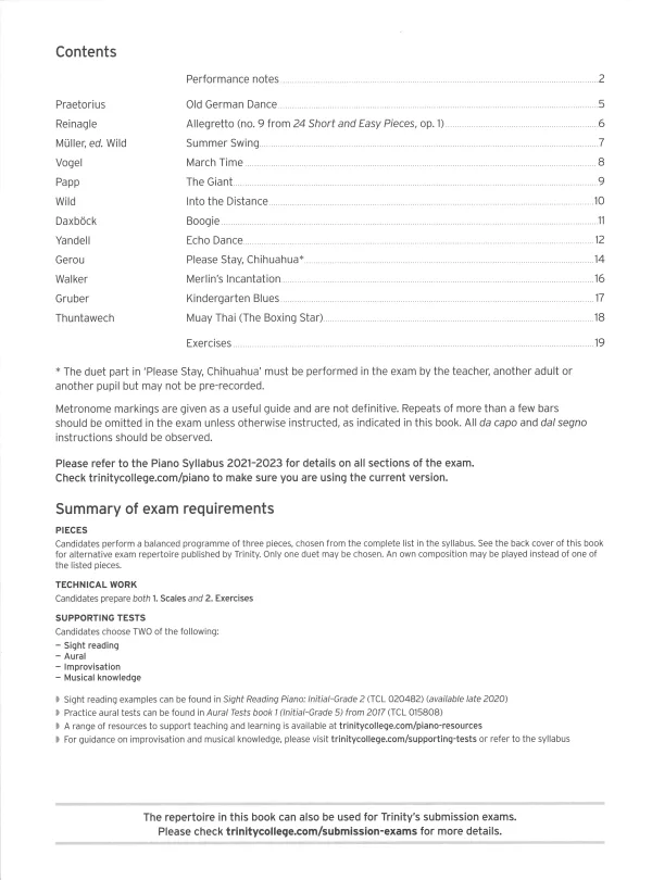 Trinity "Piano Exam Pieces Initial Grade" book from 2021, designed for those preparing for piano exams.