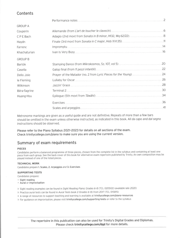 Trinity "Piano Exam Pieces Grade 6" book from 2021, Extended Edition, designed for those preparing for piano exams.