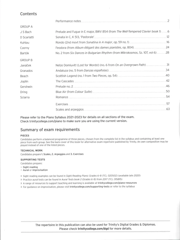 Trinity "Piano Exam Pieces Grade 8" book from 2021, Extended Edition, designed for those preparing for piano exams.