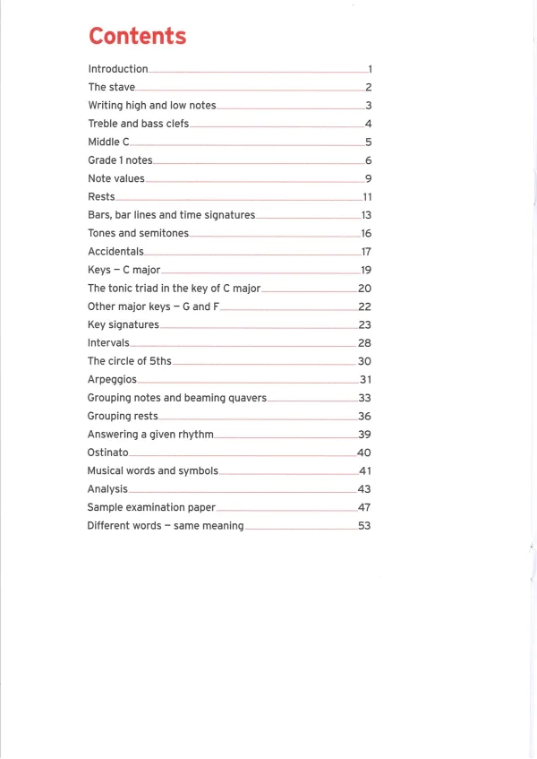 Workbook for Grade 1 music theory from the Trinity College of London, featuring exercises and lessons for students