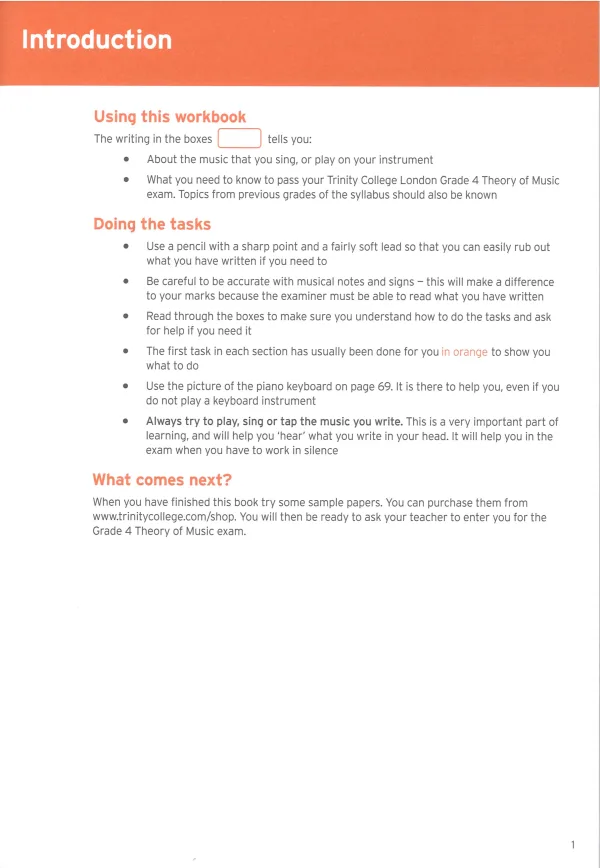 Workbook for Grade 4 music theory from the Trinity College of London, featuring exercises and lessons for students