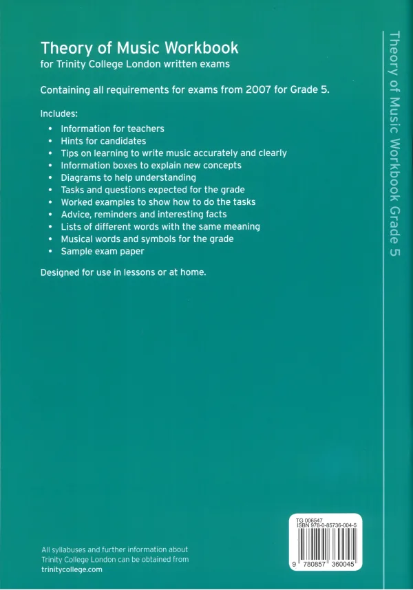 Workbook for Grade 5 music theory from the Trinity College of London, featuring exercises and lessons for students