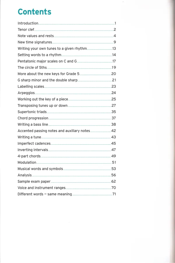 Workbook for Grade 5 music theory from the Trinity College of London, featuring exercises and lessons for students