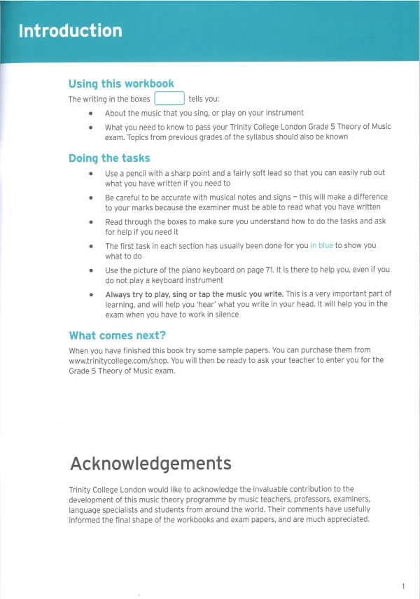 Workbook for Grade 5 music theory from the Trinity College of London, featuring exercises and lessons for students