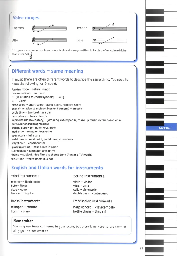 Workbook for Grade 6 music theory from the Trinity College of London, featuring exercises and lessons for students