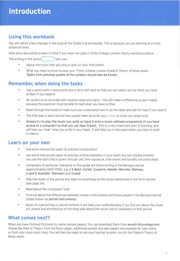Workbook for Grade 6 music theory from the Trinity College of London, featuring exercises and lessons for students