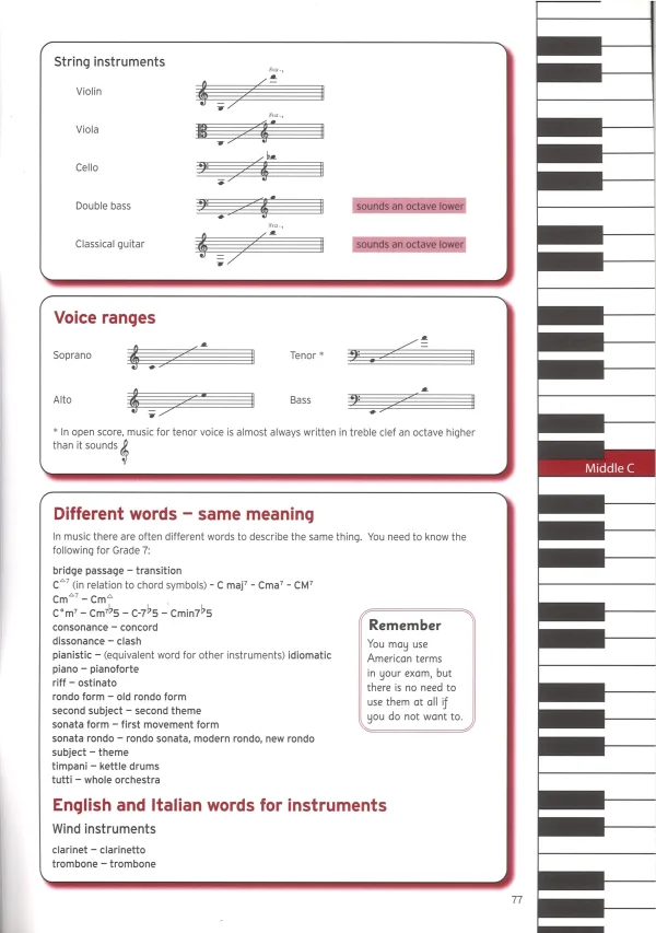 Workbook for Grade 7 music theory from the Trinity College of London, featuring exercises and lessons for students