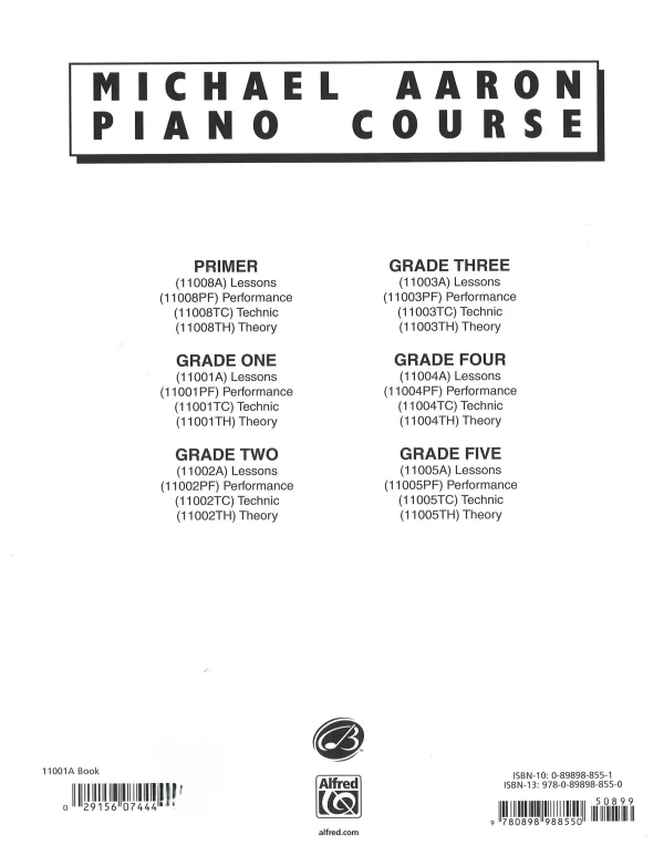 Michael Aaron's piano course book 1, showcasing lessons and techniques for beginner piano students.