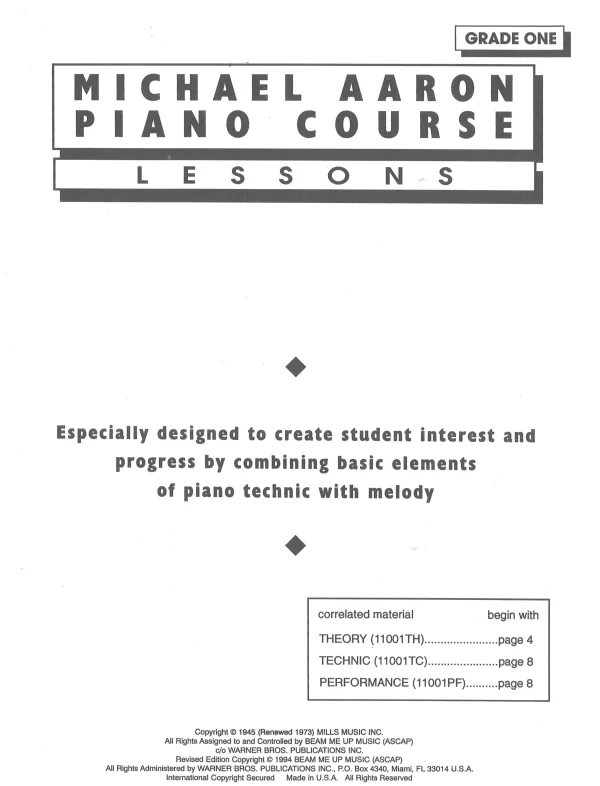 Michael Aaron's piano course book 1, showcasing lessons and techniques for beginner piano students.