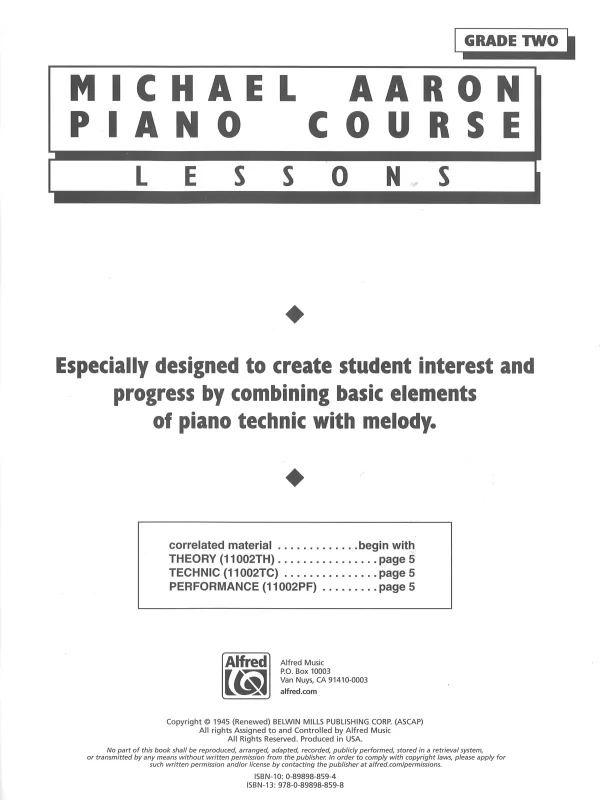 Michael Aaron's piano course book 2, showcasing lessons and techniques for beginner piano students.