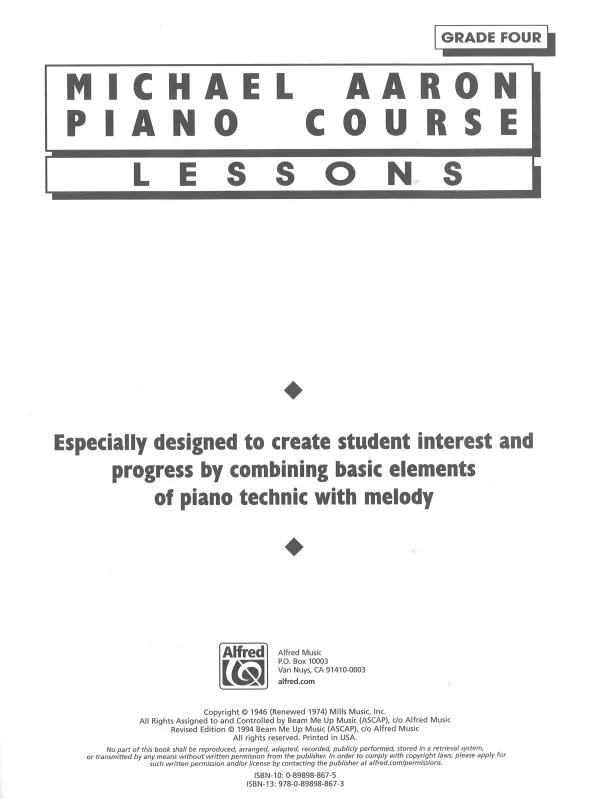 Michael Aaron's piano course book 4, showcasing lessons and techniques for piano students.