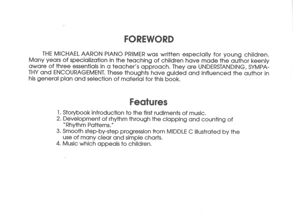 Michael Aaron's piano course Primer book, showcasing lessons and techniques for piano students.