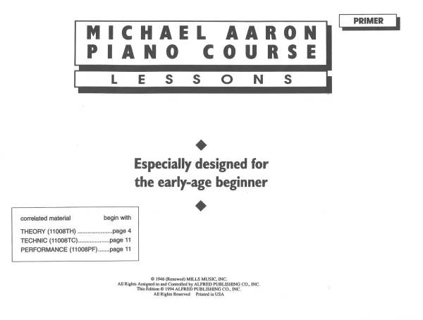 Michael Aaron's piano course Primer book, showcasing lessons and techniques for piano students.