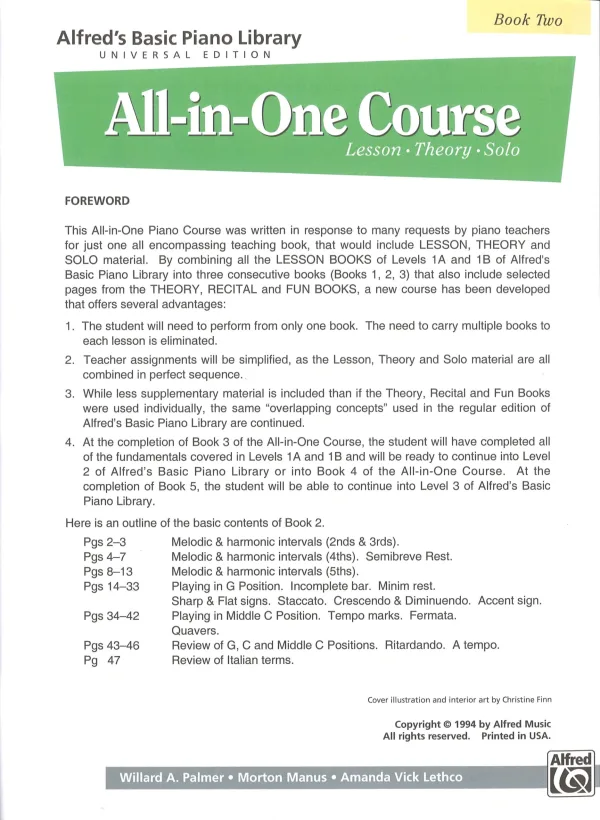 Alfred's All In One Piano Course book 2, for young students.