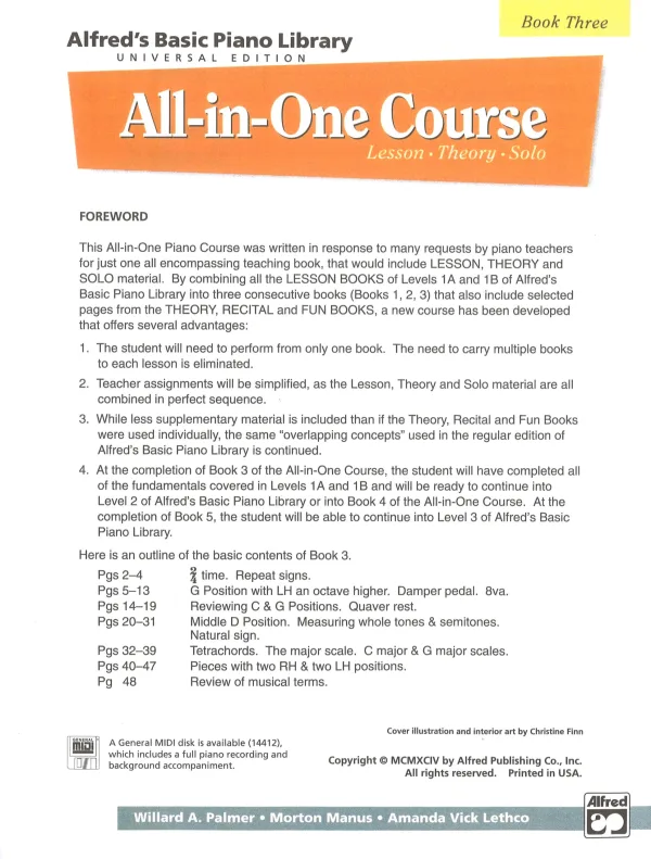 Alfred's All In One Piano Course book 3, for young students.