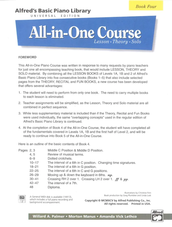 Alfred's All In One Piano Course book 4, for young students.