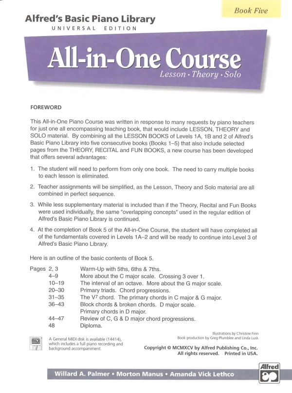 Alfred's All In One Piano Course book 5, for young students.