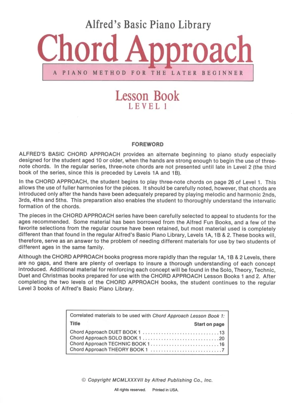 Chord Approach lesson book 1, offering a faster way to learn chords compared to Alfred's Basic Piano Library.