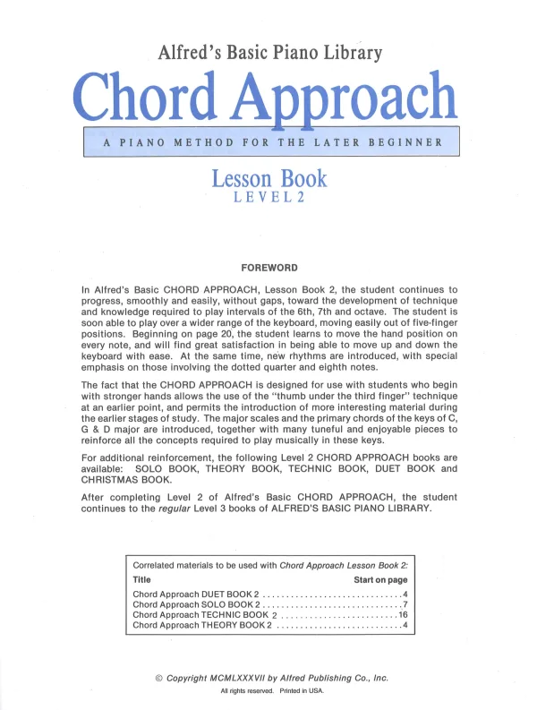 Chord Approach lesson book 2, offering a faster way to learn chords compared to Alfred's Basic Piano Library.