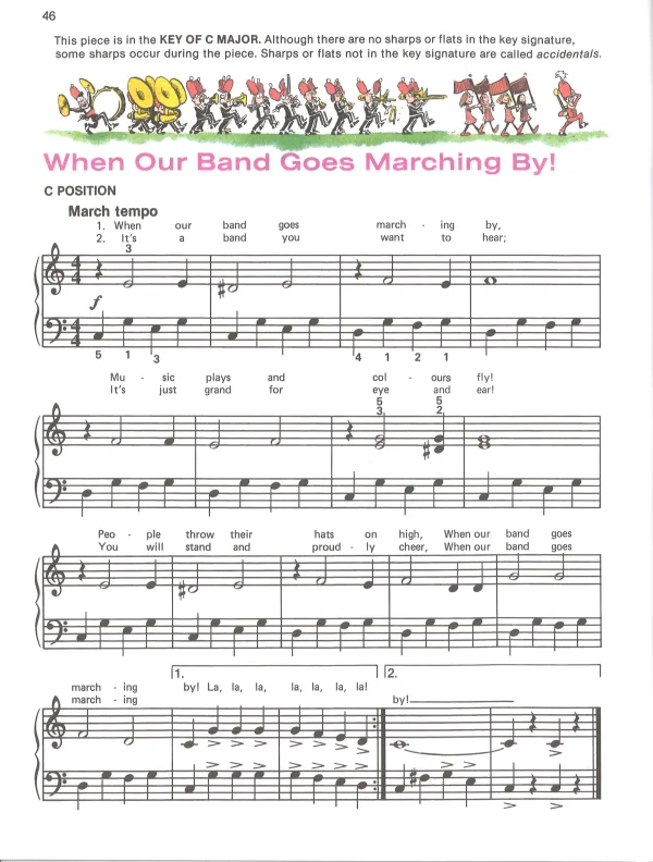 Piano Lesson Book Level 1B, focusing on note reading and new concepts like eighth notes and major scales.