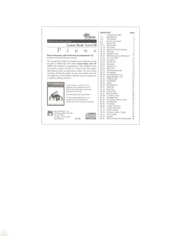 Piano Lesson Book Level 1B, focusing on note reading and new concepts like eighth notes and major scales.