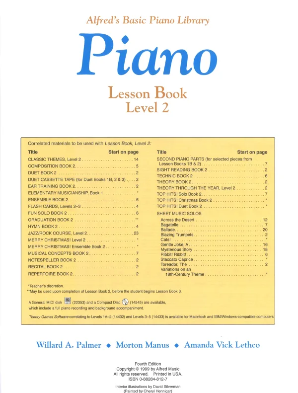 Alfred's Piano Lesson Book Level 2, focusing on note reading and hand movement for beginner piano students.