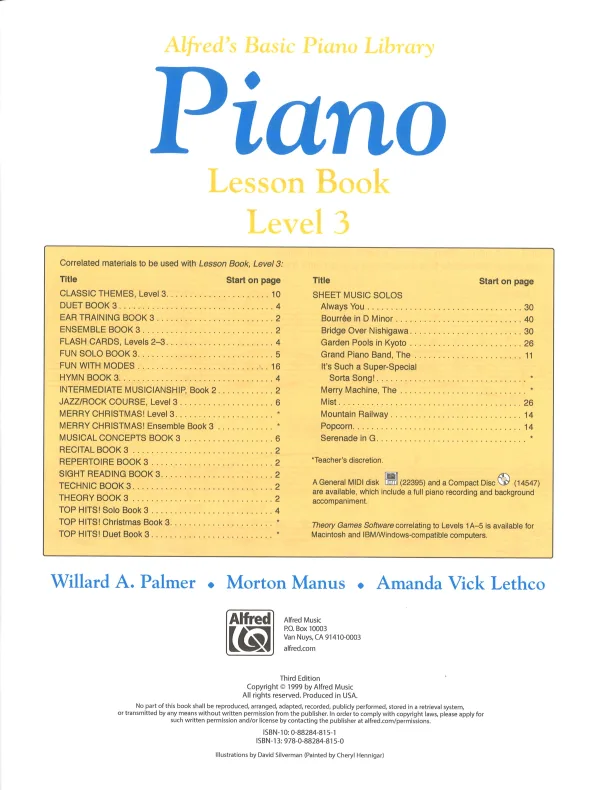 Alfred's Level 3 piano lesson, focusing on note reading, pedal techniques, and new time signatures.