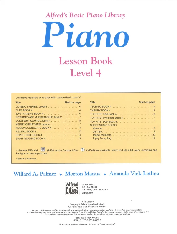 Alfred's Piano Lesson Book Level 4 , showcasing lessons on triads, scales, and advanced techniques for improving piano skills.