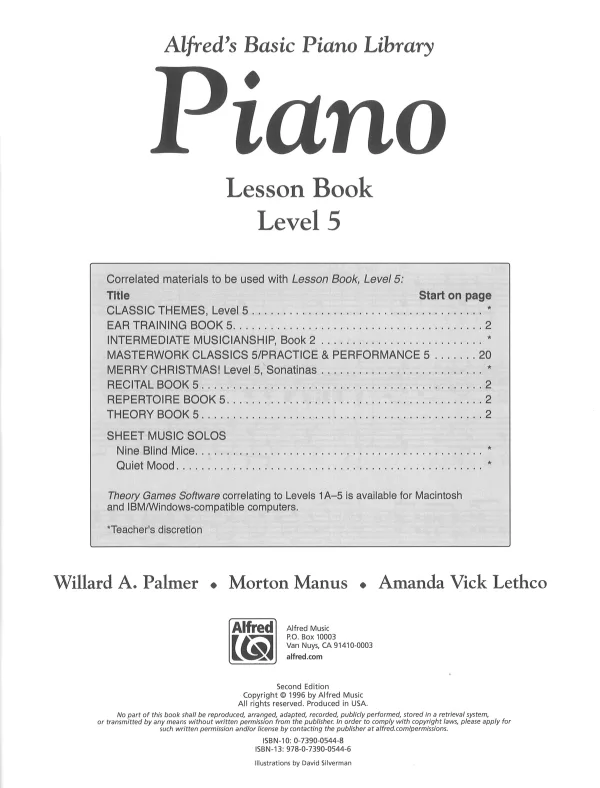 Alfred's Level 5 Piano lessons, highlighting interval recognition and introducing minuets, sonatinas, and more.