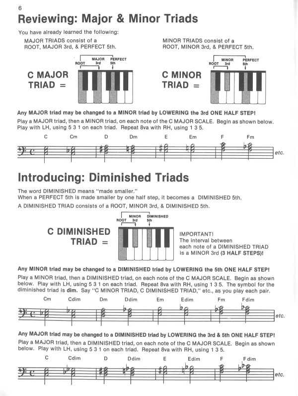 Alfred's Level 6 piano lesson book, featuring concepts like triads, scales, and a daily scale routine for effective learning