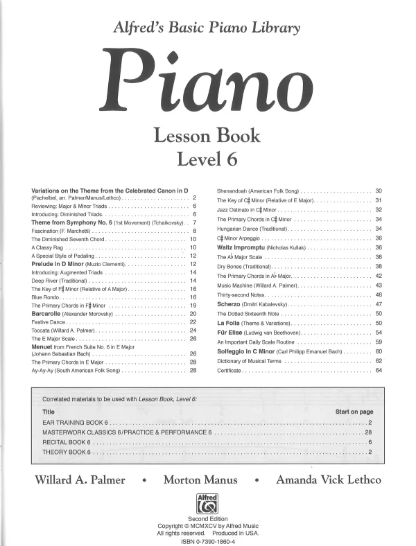 Alfred's Level 6 piano lesson book, featuring concepts like triads, scales, and a daily scale routine for effective learning