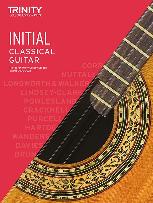 Cover of Trinity College London Initial Classical Guitar music book with a close-up image of a guitar.