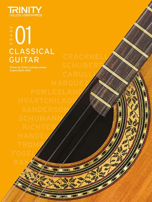 Cover of Trinity College London Grade 1 Classical Guitar music book with a close-up image of a guitar.