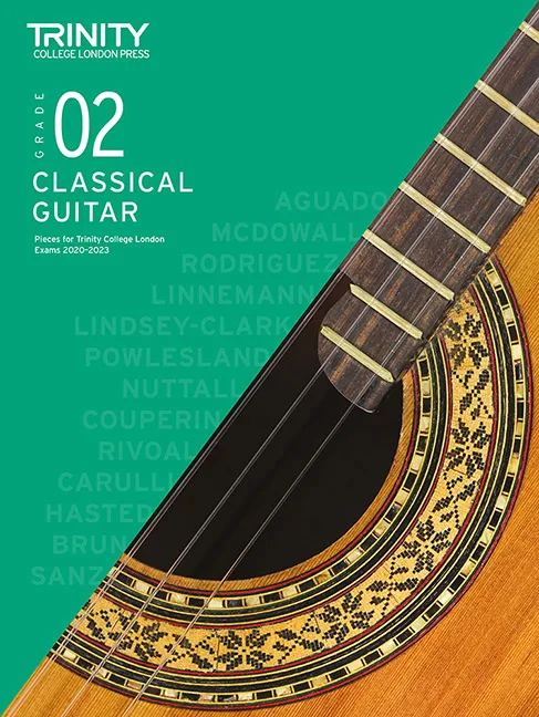 Cover of Trinity College London Grade 2 Classical Guitar music book with a close-up image of a guitar.