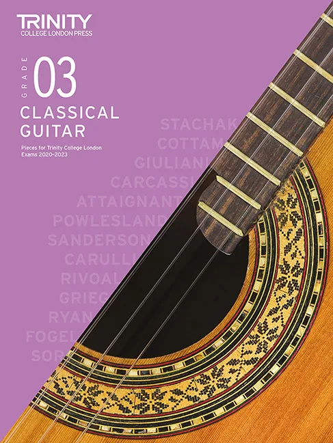 Cover of Trinity College London Grade 3 Classical Guitar music book with a close-up image of a guitar.