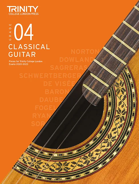 Cover of Trinity College London Grade 4 Classical Guitar music book with a close-up image of a guitar.