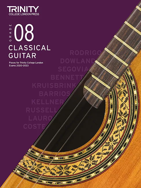 Cover of Trinity College London Grade 8 Classical Guitar music book with a close-up image of a guitar.