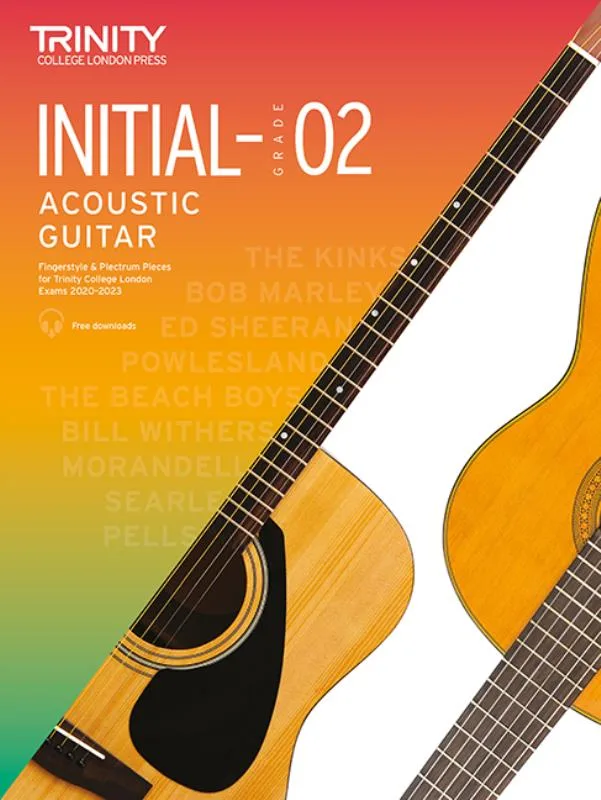 Cover of a music book for initial-grade 2 acoustic guitar with a guitar image; features various artists.