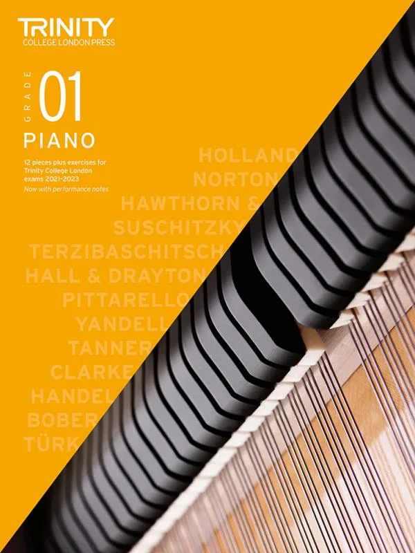 Cover of Trinity "Piano Exam Pieces Grade 1" book from 2021, designed for those preparing for piano exams.