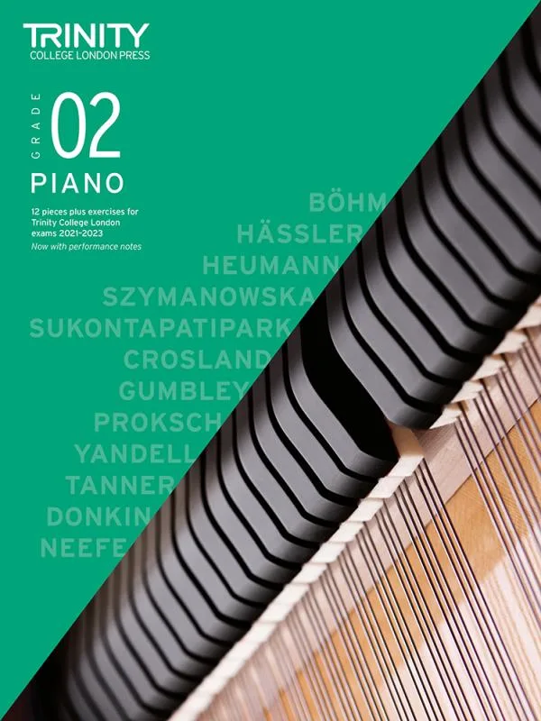 Cover of Trinity "Piano Exam Pieces Grade 2" book from 2021, designed for those preparing for piano exams.