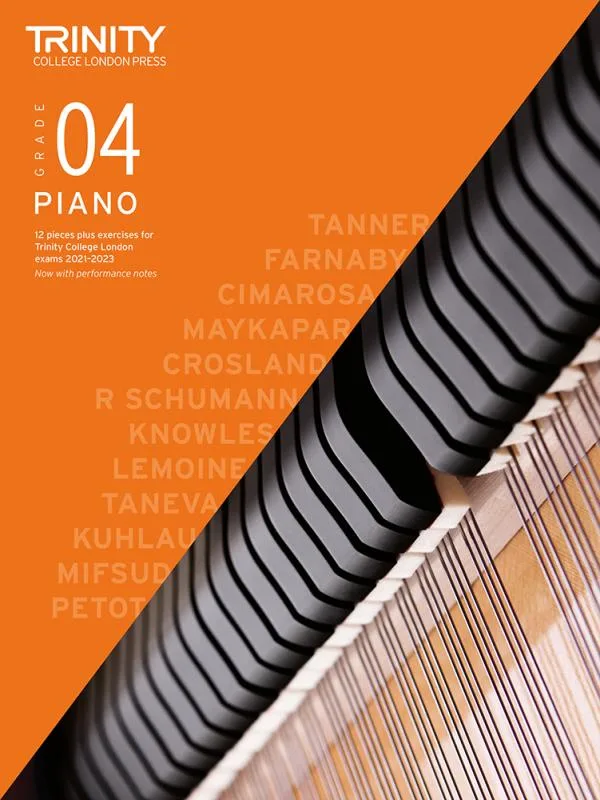 Cover of Trinity "Piano Exam Pieces Grade 4" book from 2021, designed for those preparing for piano exams.