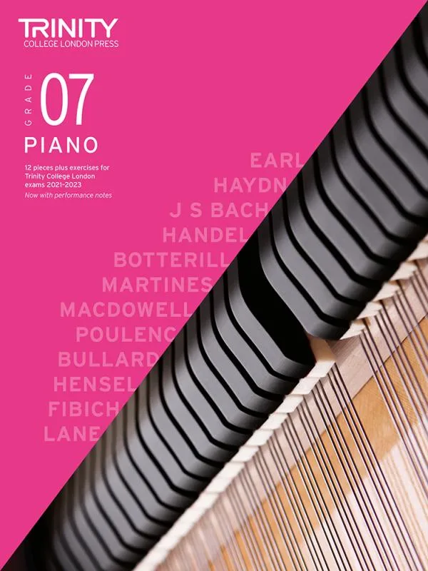 Cover of Trinity "Piano Exam Pieces Grade 7" book from 2021, designed for those preparing for piano exams.