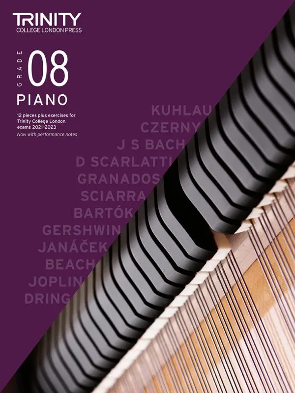 Cover Trinity "Piano Exam Pieces Grade 8" book from 2021, designed for those preparing for piano exams.