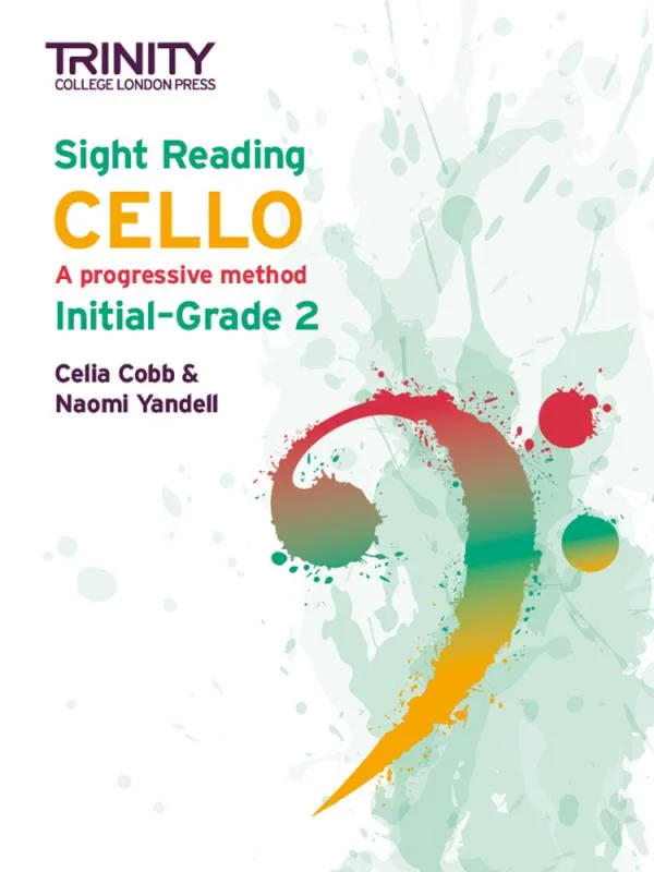 Cover of "Sight Reading Cello: Initial-Grade 2" book with colorful artistic splashes.