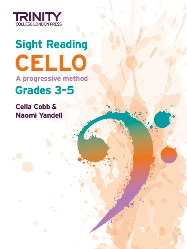 Cover of "Sight Reading Cello: Grades 3-5" book with colorful artistic splashes.