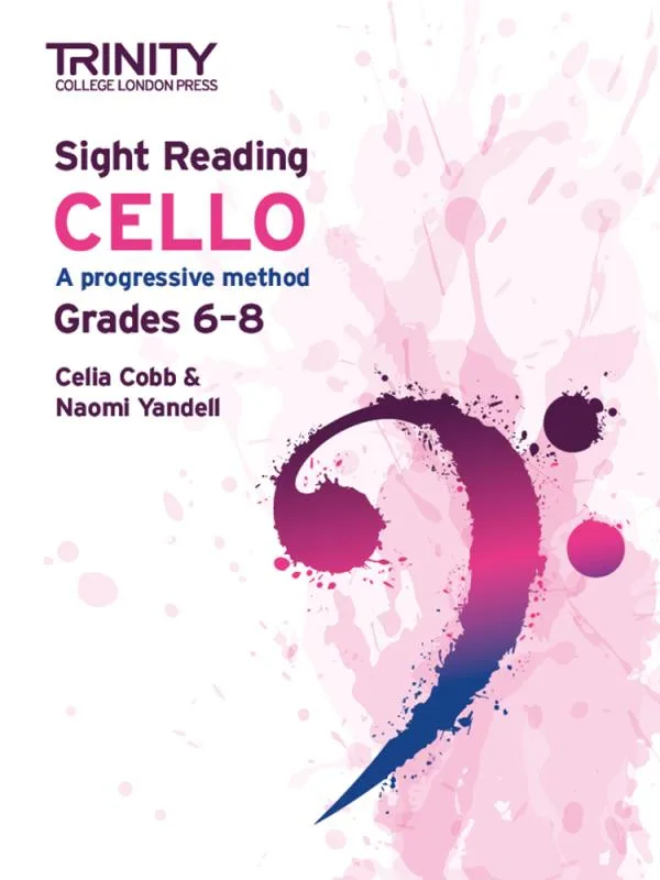 Cover of "Sight Reading Cello: Grades 6-8" book with colorful artistic splashes.