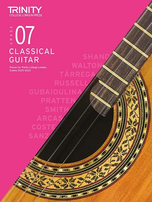 Cover of Trinity College London Grade 7 Classical Guitar music book with a close-up image of a guitar.